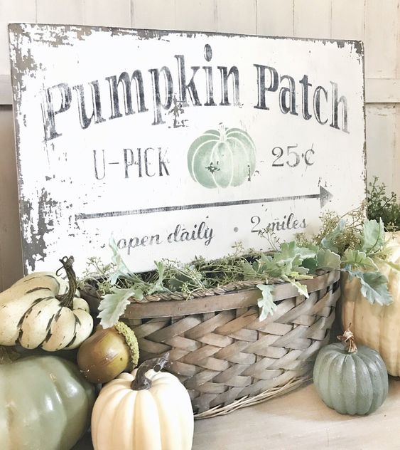 a shabby chic sign with black letters and a green pumpkin placed on a basket with greenery and surrounded by pumpkins
