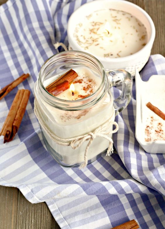cinnamon candles in jar mugs are a lovely solution for the flal with a gorgeous scent