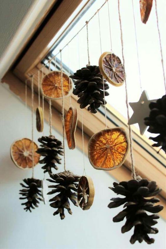 pinecones, citrus slices and stars hanging on the window is a cool natural decoration, which can be easily made