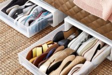 small plastic drawers for shoes inserted under a closet, wardrobe or bed will help your oganize a bit