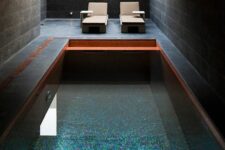 a dark pool house clad with graphite grey tiles, with a couple of loungers and a pool with very catchy mini tiles