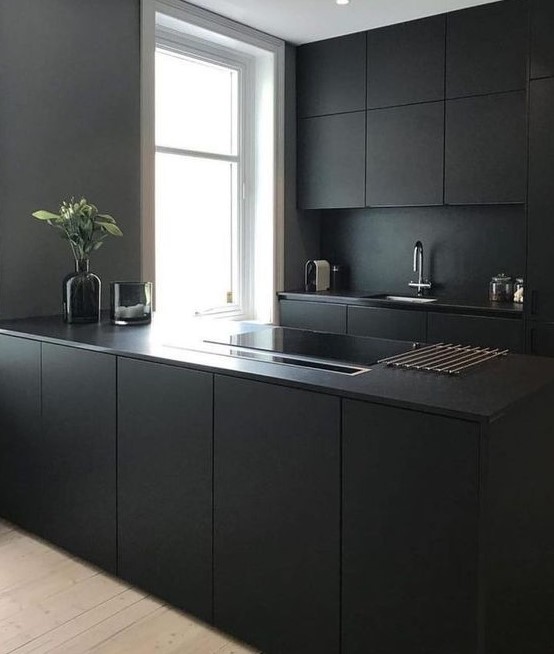 a minimalist black kitchen with sleek cabinets and a sleek kitchen island plus a black backsplash and countertops