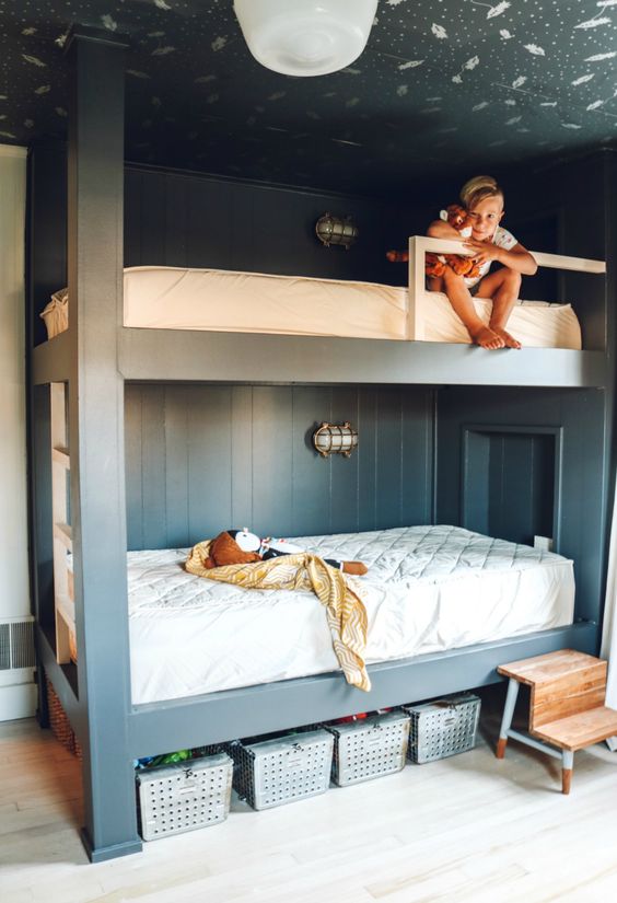 a modern kids' room with built-in bunk beds, neutral bedding, baskets and lights and lamps is a dreamy and chic space