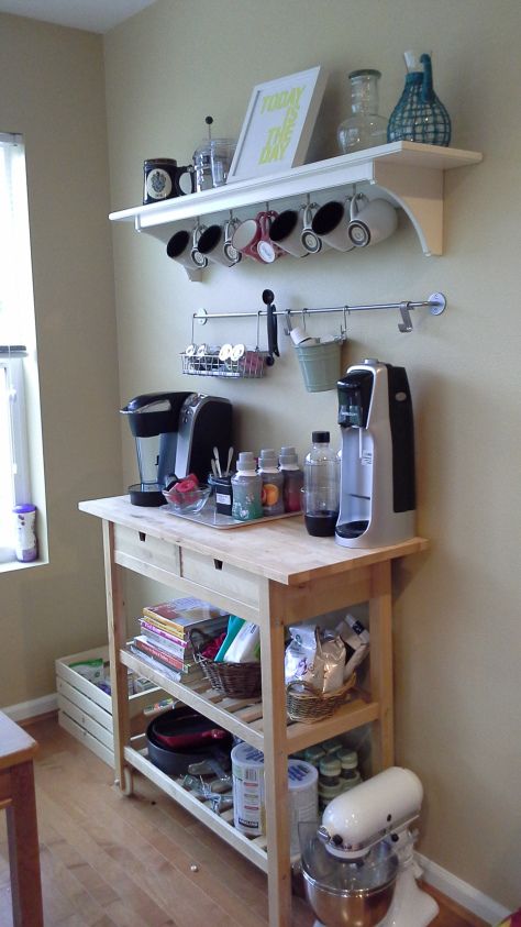 a morning beverage bar made of an IKEA Forhoja cart with plenty of storage and lots of stuff for favorite drinks