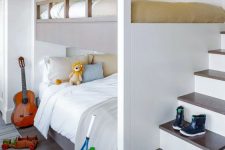 a welcoming neutral kids’ room with built-in bunk beds, with neutral bedding and a ladder, a striped rug and some pretty toys and other stuff