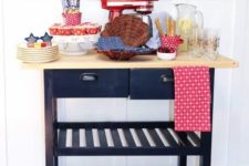 an IKEA Forhoja cart in black and with a light-colored wooden countertop as a home food station with much storage space