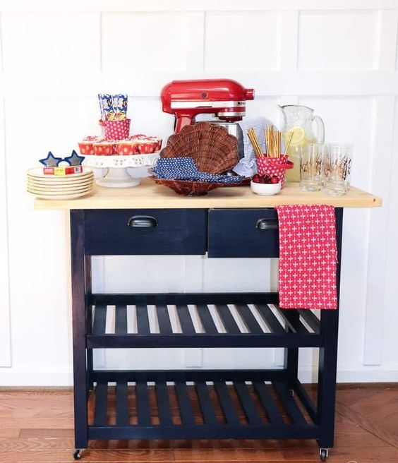 an IKEA Forhoja cart in black and with a light colored wooden countertop as a home food station with much storage space
