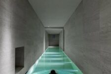 an extra long and narrow lit up pool with some niches will be a great solution for a minimalist home