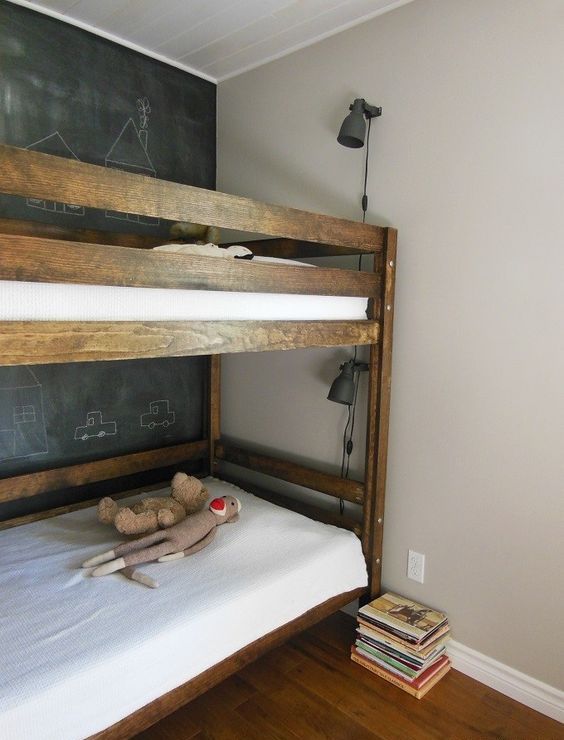 dark stained bunk beds and railing along the upper bed to keep the kid safe