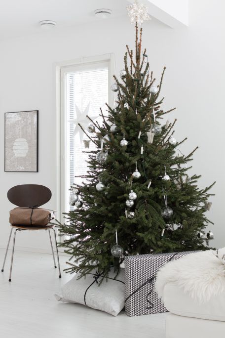 a Nordic Christmas tree with clear and silver ornaments and nothing else is a gorgeous idea for a modern Scandi space