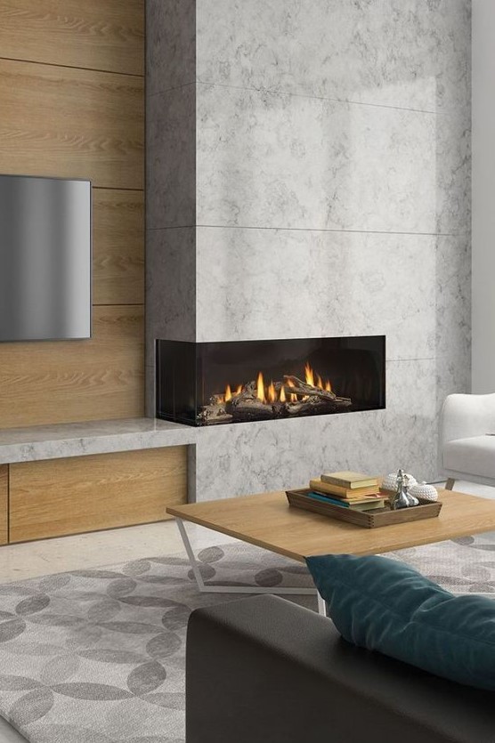 a chic minimalist living room with a corner concrete fireplace and stylish furniture is very elegant and cool