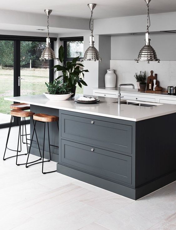 a cool modern kitchen with white lower cabinets, a graphite grey kitchen island, metal pendant lamps, wooden stools