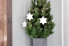 a minimalist Christmas tree in a tall concrete planter, with lights and white clay stars hanging over the tree is a lovely idea to rock
