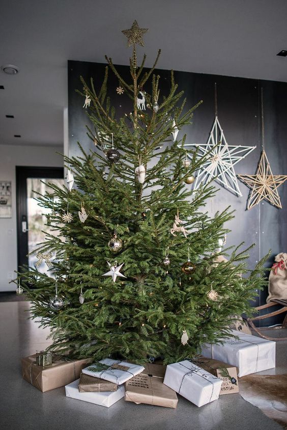 a minimalist Christmas tree with lights, a bit of gold, white, silver and black ornaments is a stylish piece to rock and it looks amazing