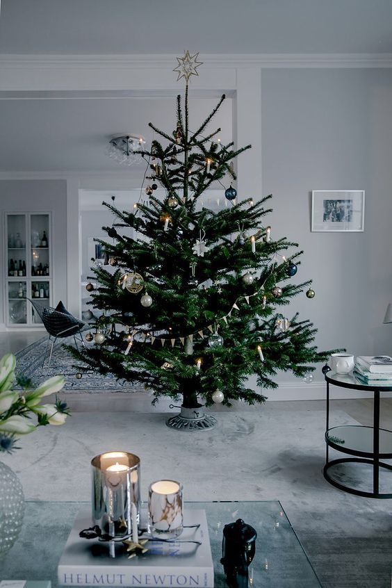 Holidays Festive Silver Ornaments, White Candles. Minimal