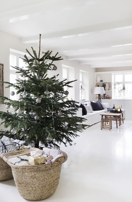 a modern Scandi Christmas tree with silver, white and clear ornaments and no lights is a stylish idea for your neutral space