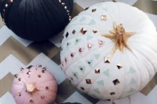 modern aqua, white, black and pink pumpkins with studs, painting, sequins and gold paint for a modern feel