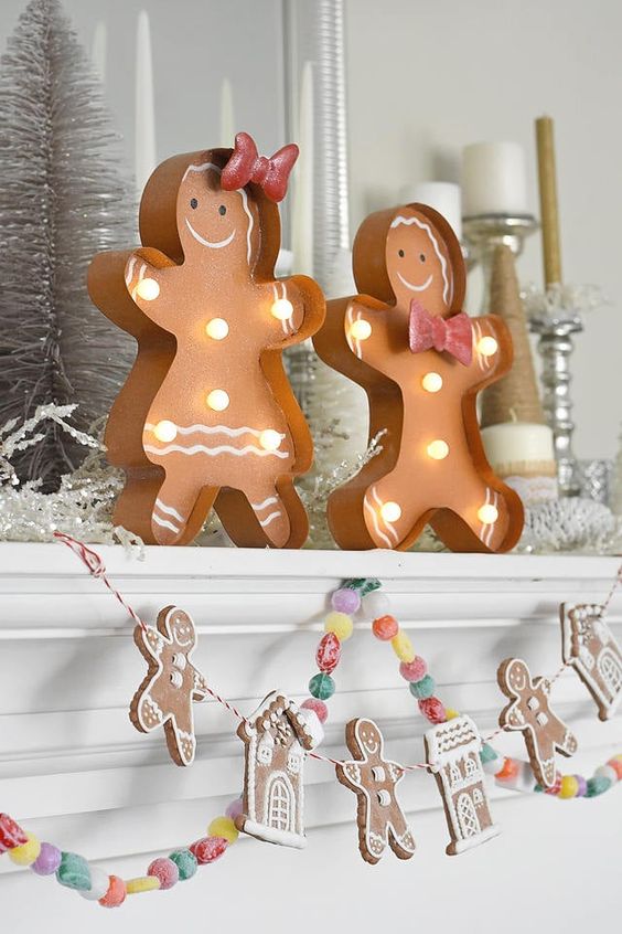 gingerbread marquee men, colorful candy garlands and gingerbread men and house garland for fun and cool Christmas decor