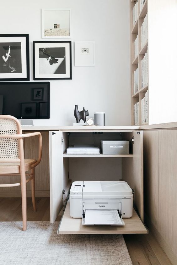 a cabinet with a hidden printed is a cool idea to organize keeping your space minimalist and clean