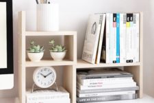 a contemporary wooden office organizer for books, magazines, pencils, pens and mini pots with succulents
