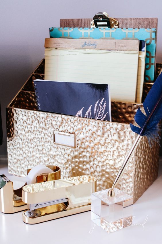 a hammered metal file organizer and matching office stuff to make your home office super stylish