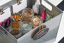 a simple box with jars for pencils, clothespins and other stuff plus tags and some notebooks