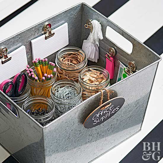a simple box with jars for pencils, clothespins and other stuff plus tags and some notebooks