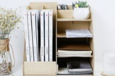 a wooden home office organizer is perfect for notebooks, files, agazines and even mini pots with greenery and succulents
