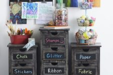 weathered wood drawer units with chalkboard labels are great for storage