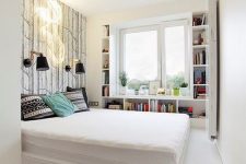 a minimalist white platform bed with a single drawer for storage is a nice solution for a small bedroom