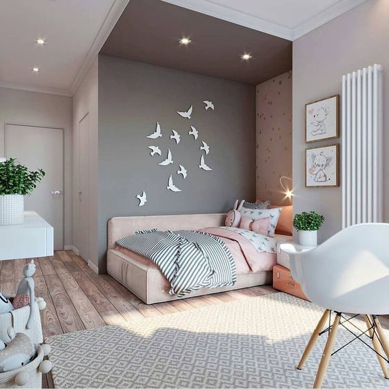 grey and pink teenage girl bedroom