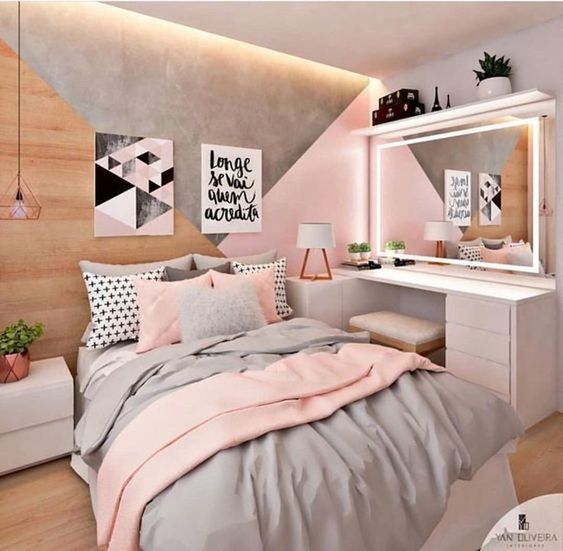 grey and pink teenage girl bedroom