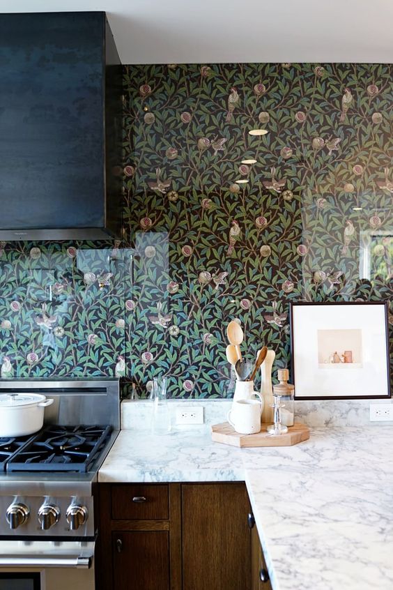kitchen with a stylish floral backsplash