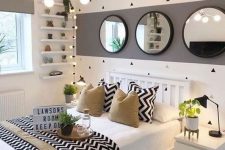 a stylish and playful teen girl bedroom in white, grey and black, with tan touches, geometric prints and greenery