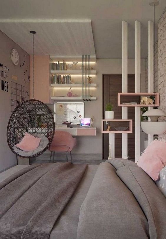 a stylish grey and pink teen girl bedroom with studying and sleeping zones separated with a pendant chair and built in lights