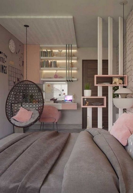 grey and pink teenage girl bedroom