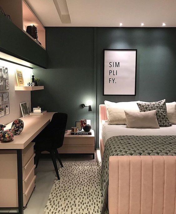 a stylish teen girl bedroom in hunter green and blush, with built-in storage, lights and cool printed textiles