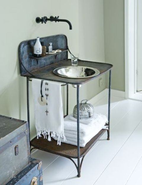 a vintage bathroom vanity made of aged metal is a unique idea for a wabi-sabi, vintage or shabby chic bathroom