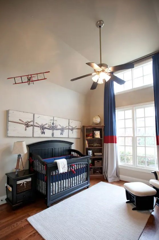 an aviation-themed nursery for a boy, navy, red and white for the color scheme