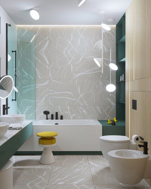 creative pendant and ceiling lamps over the tub match the bathroom decor and enlighten the space with chic