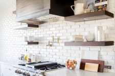 a chic farmhouse kitchen with a white brick statement wall that also acts as a kitchen backsplash