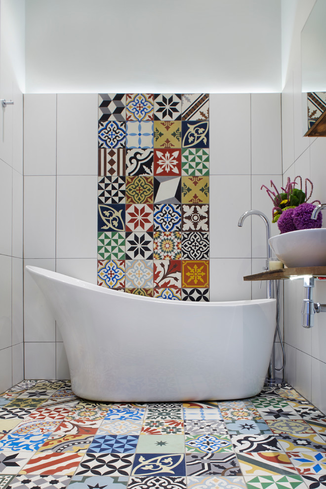 colorful moroccan-inspired tiles looks great mixed with plain white ones (Cassidy Hughes Interior Design)
