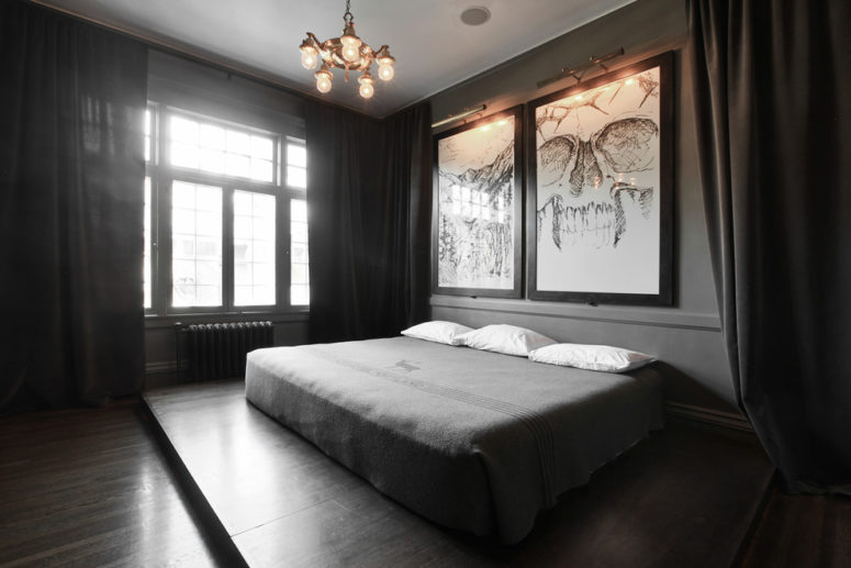 forget about a headboard and make whole wall looks like one with moody wall artworks (Lucy Call)