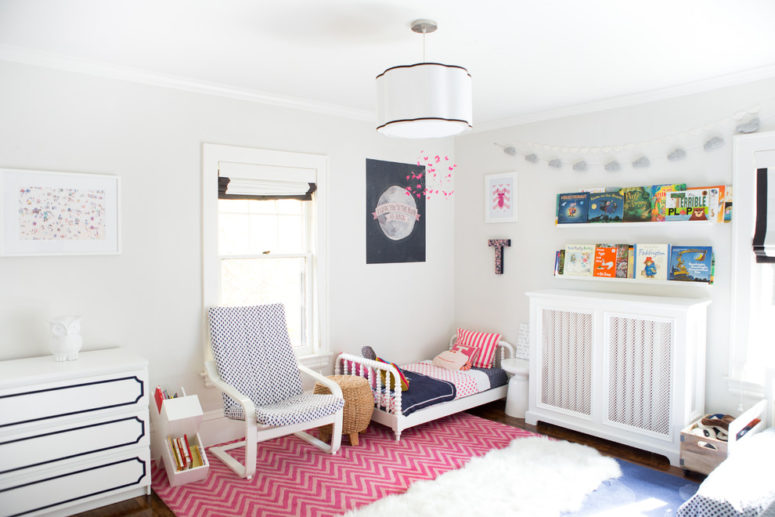 Make a cute cover and Poang chair would look awesome in an all-white kids room for a boy and a girl (via www.canarygrey.com)