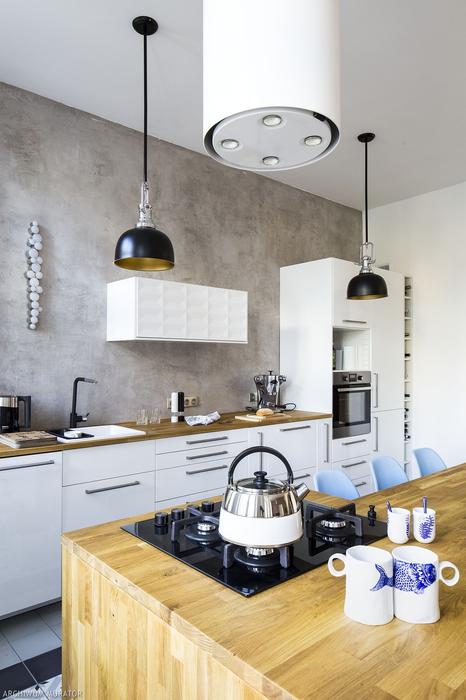 The long kitchen island doubles as a dining table