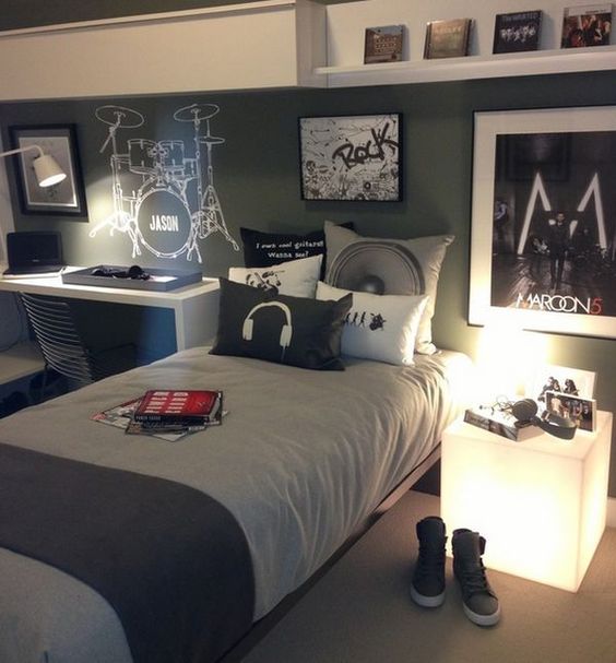 ultra modern music inspired bedroom with a lit up nightstand