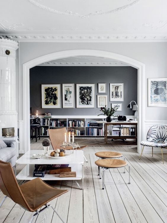 whitewashed grey wooden floors in a Scandinavian living room