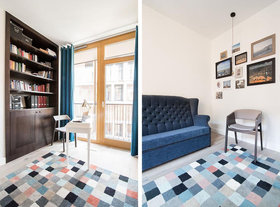 The home office nook is lit with daylight and accentuated with bold blue touches