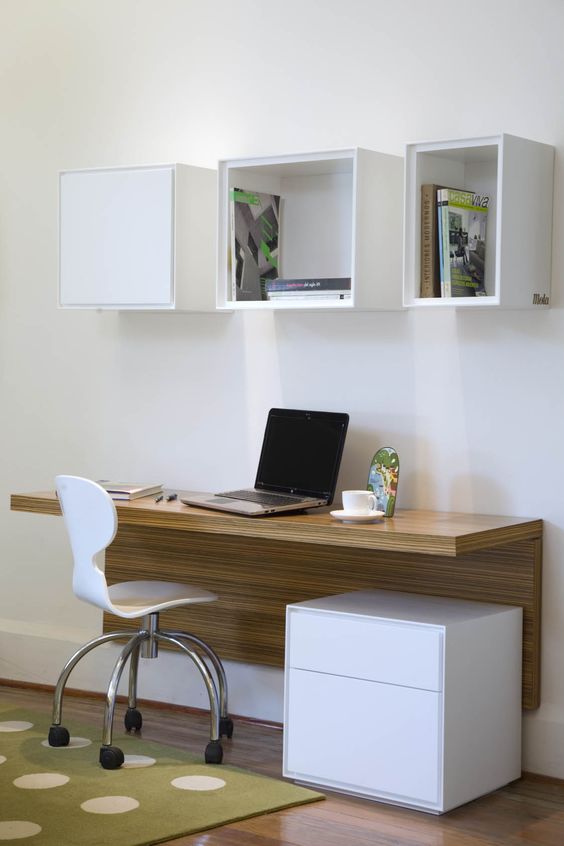 13 modern study space with a wall-mounted desk and open box shelves