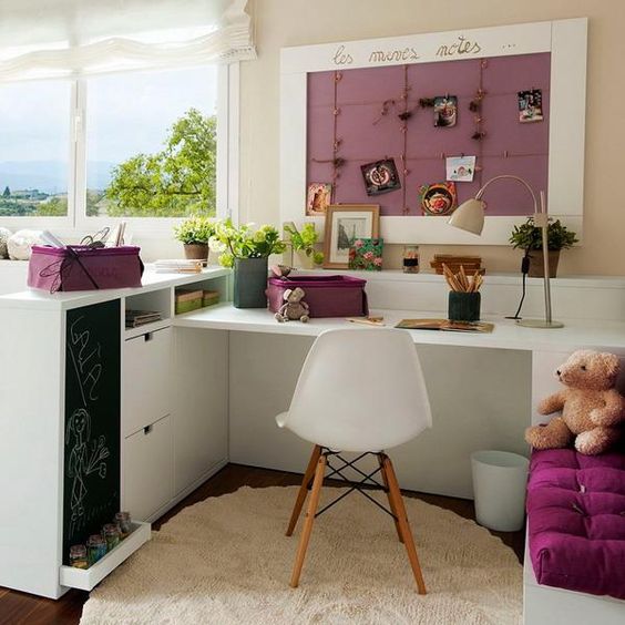 14 modern teen study nook with a large desk and a pinboard